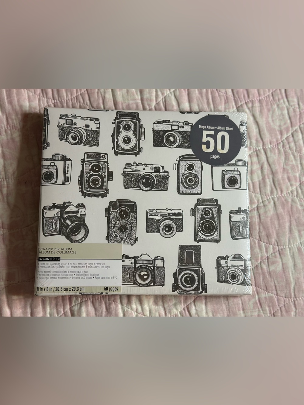 Recollections | Square Black/White Camera Pattern Scrapbook / Photo Album- 8x8”